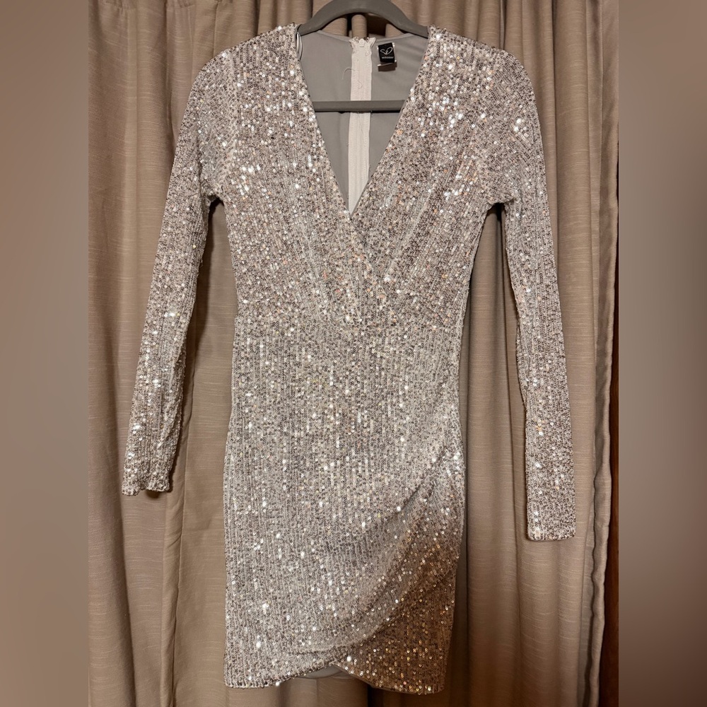 Fashion Nova Glittering Silver Long Sleeve Dress